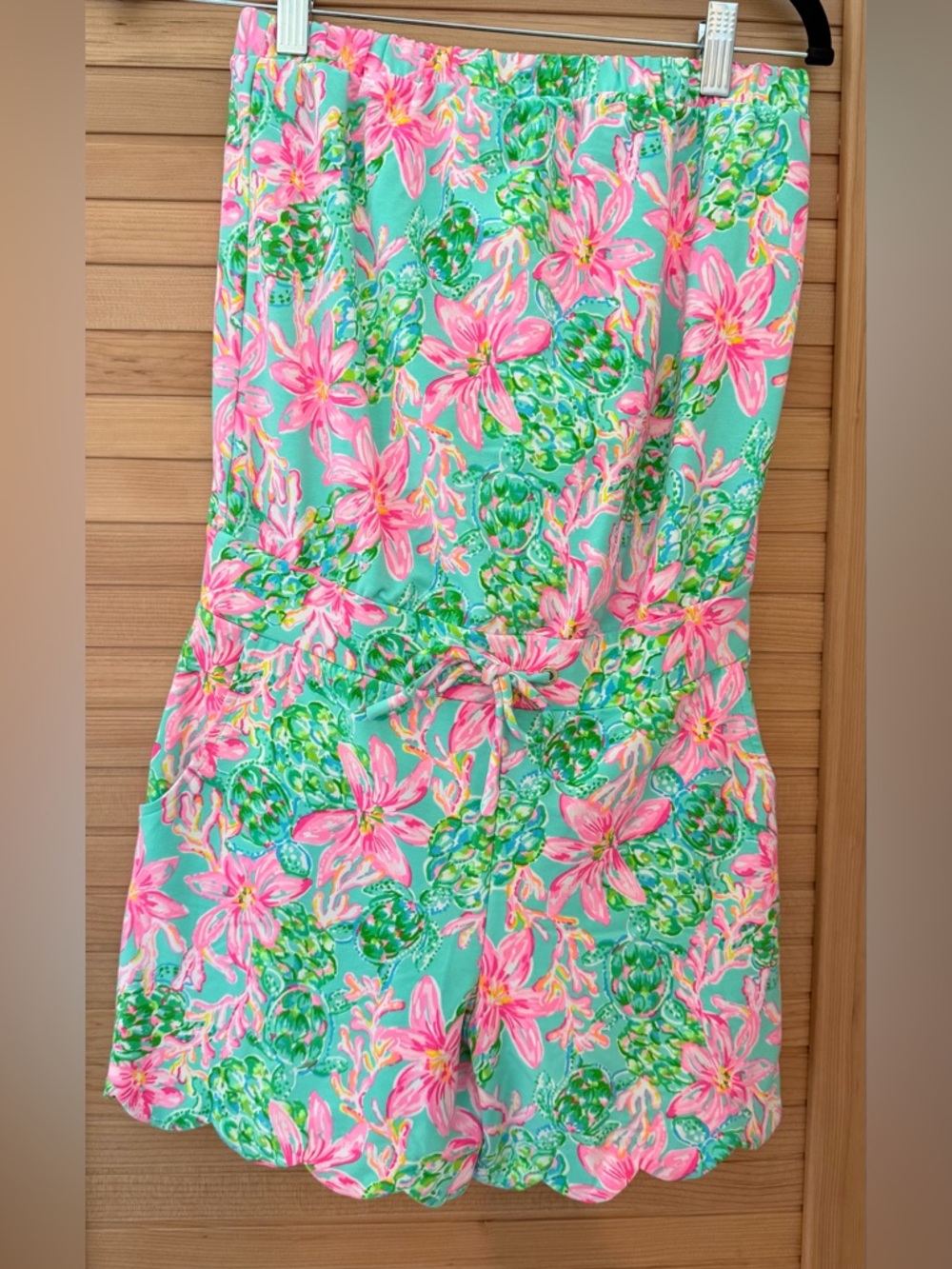 Lilly Pulitzer Turquoise Romper with Pink and Green Floral Print